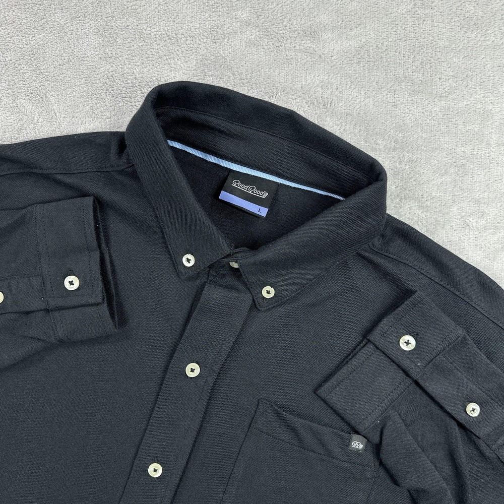 GoodGood Shirt Mens Large Black Drive LS Pique Long Sleeve Golf Button Down